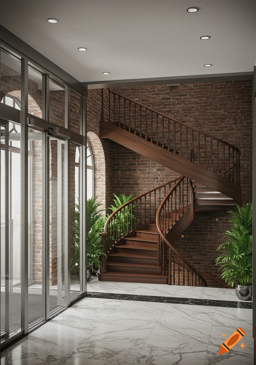 A grand entrance hall with a dark wooden spiral staircase, exposed brick walls, and a white marble floor. Glass doors lead outside.