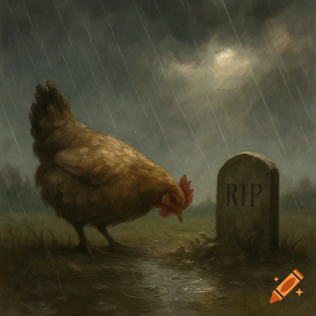 A brown chicken looks sadly at a 'RIP' tombstone in the rain, rendered in a dark, painterly style.