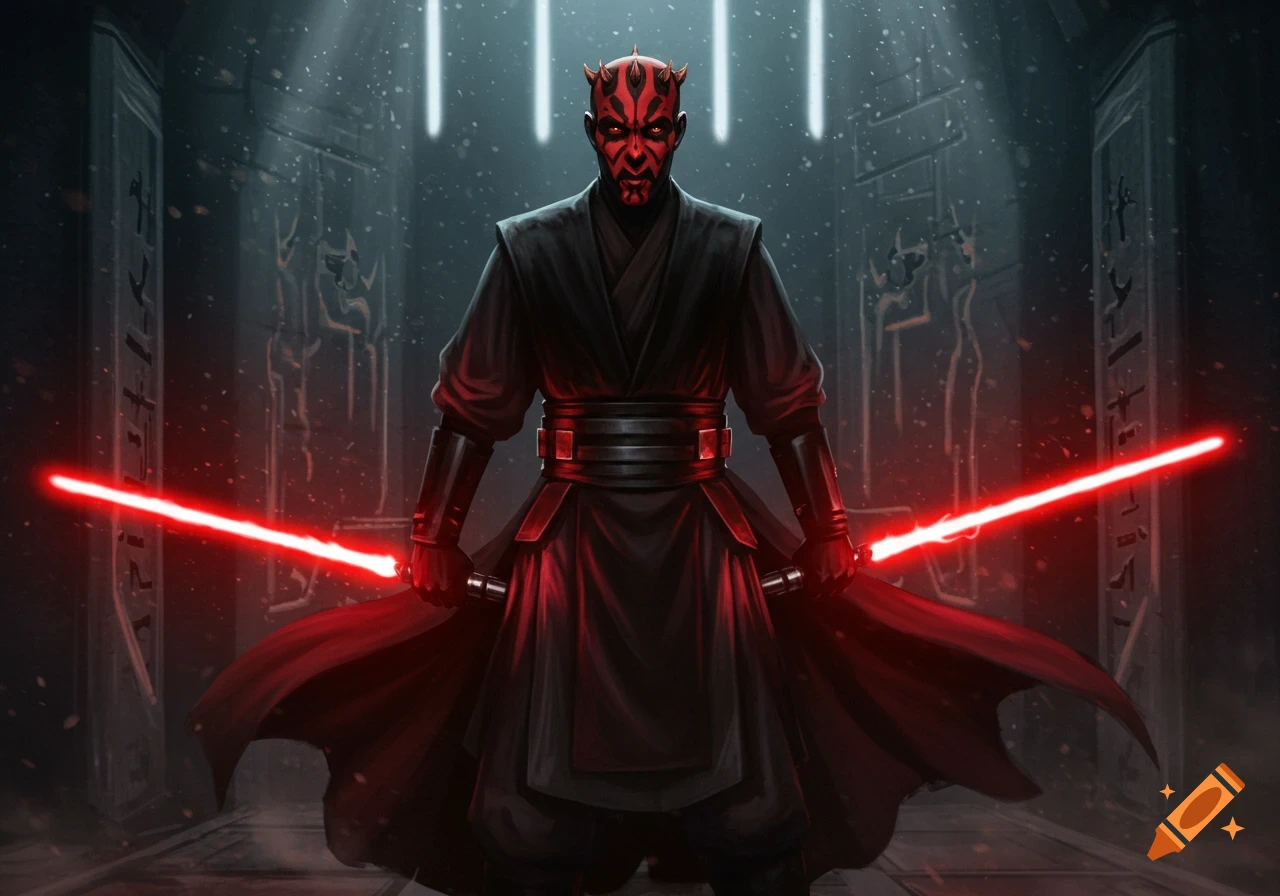 Darth Maul with red face and horns, holding two red lightsabers, stands in a dark, snowy ancient temple with alien hieroglyphs.