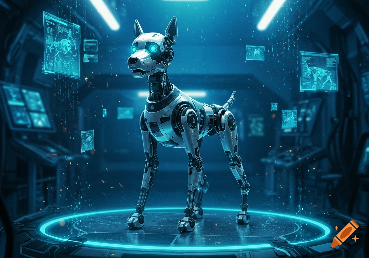 A sleek white and silver robot dog with glowing blue eyes stands on a circular glowing platform in a futuristic, dark blue room with holographic screens.