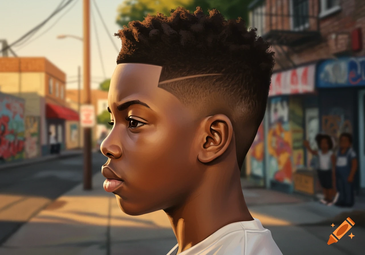 Profile portrait of a young black boy with a fade haircut, looking left, in an urban street scene.