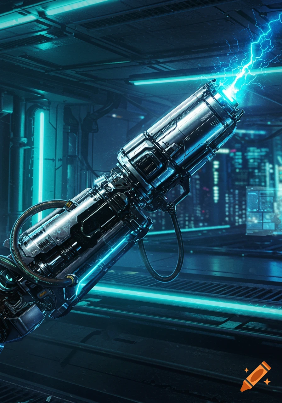 A futuristic energy cannon with blue lightning discharging from its barrel, in a dark, neon-lit sci-fi setting.