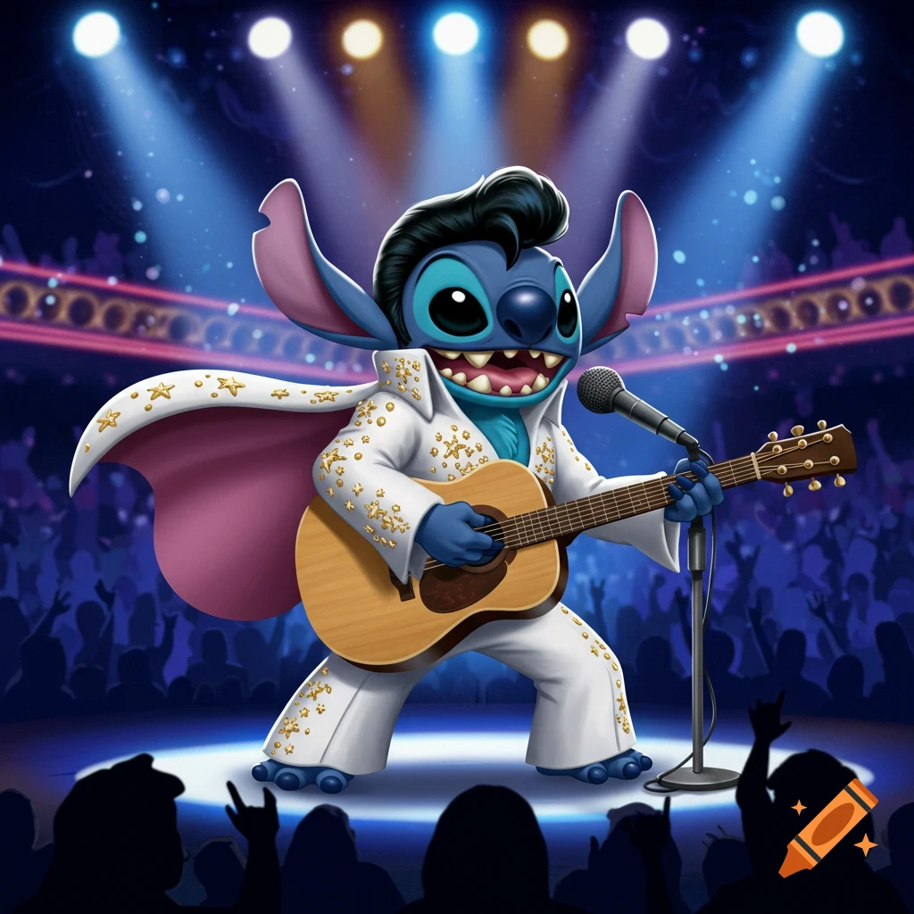 Vibrant cartoon of Stitch from Lilo & Stitch dressed as Elvis Presley, playing a guitar and singing on a spotlighted stage to a silhouetted audience.