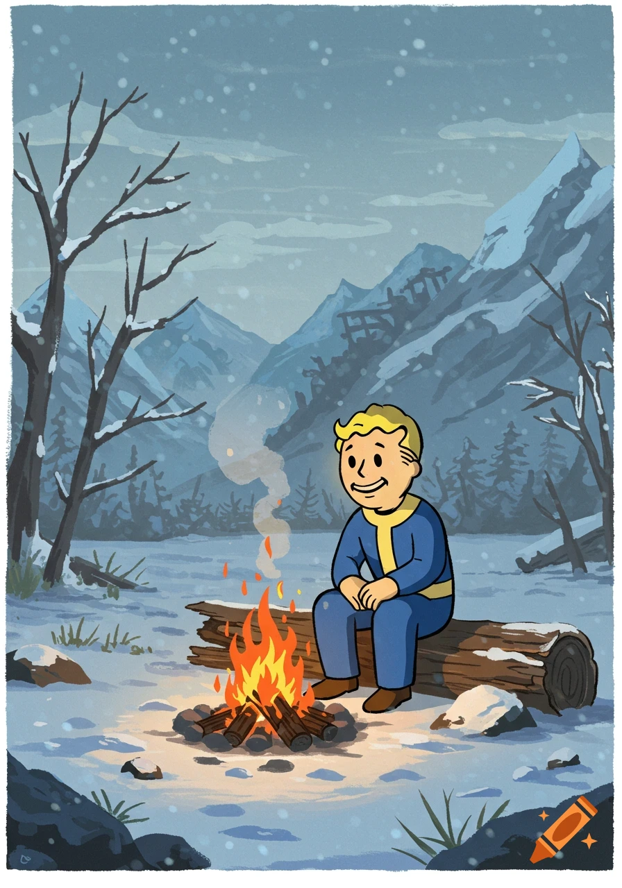 Cartoon Vault Boy sitting by a campfire in a snowy winter mountain landscape, snowing.