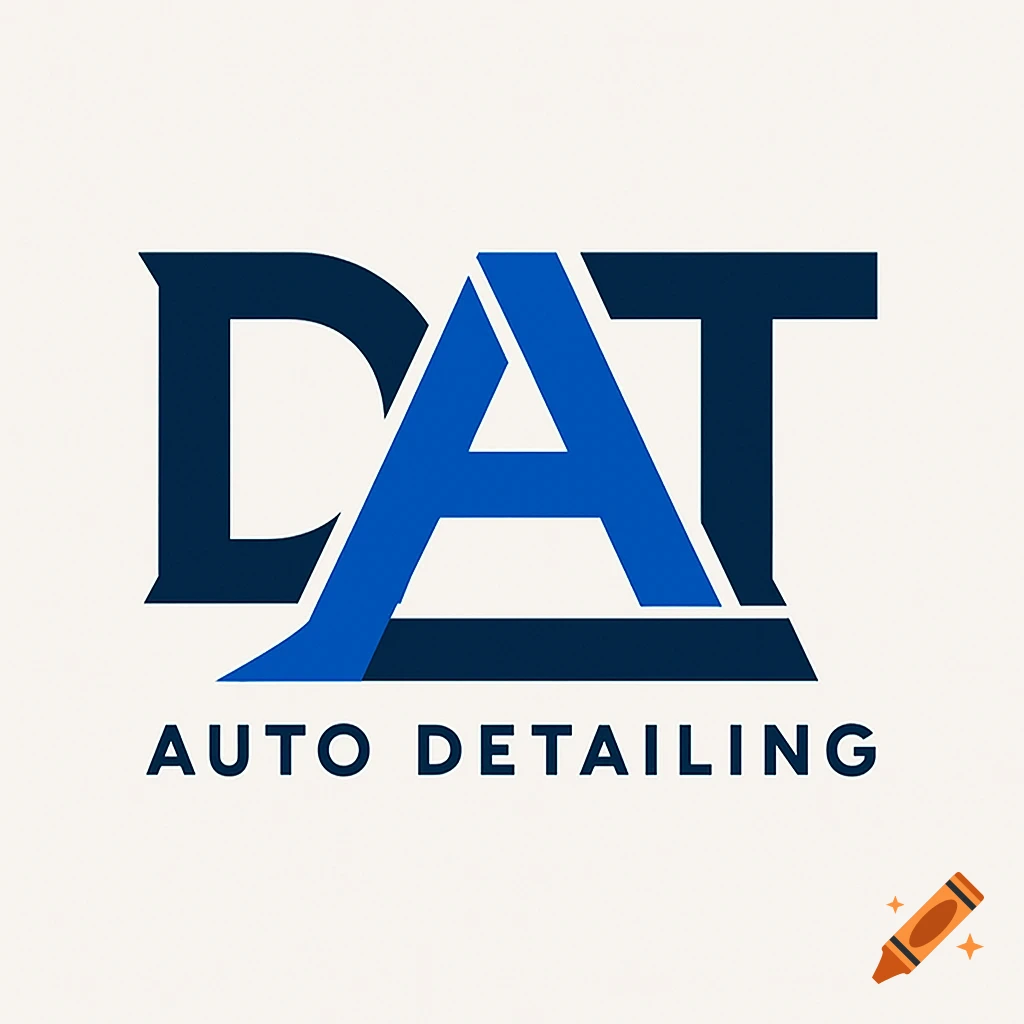 A modern logo featuring large, stylized blue and dark blue letters 'DAT' above the text 'AUTO DETAILING' on a light background.