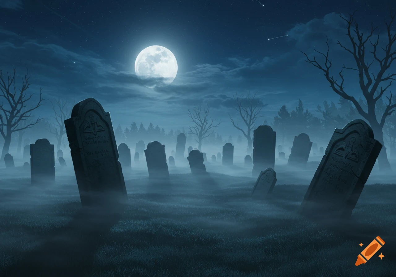 A foggy graveyard at night under a bright full moon, with bare trees and numerous silhouetted gravestones.