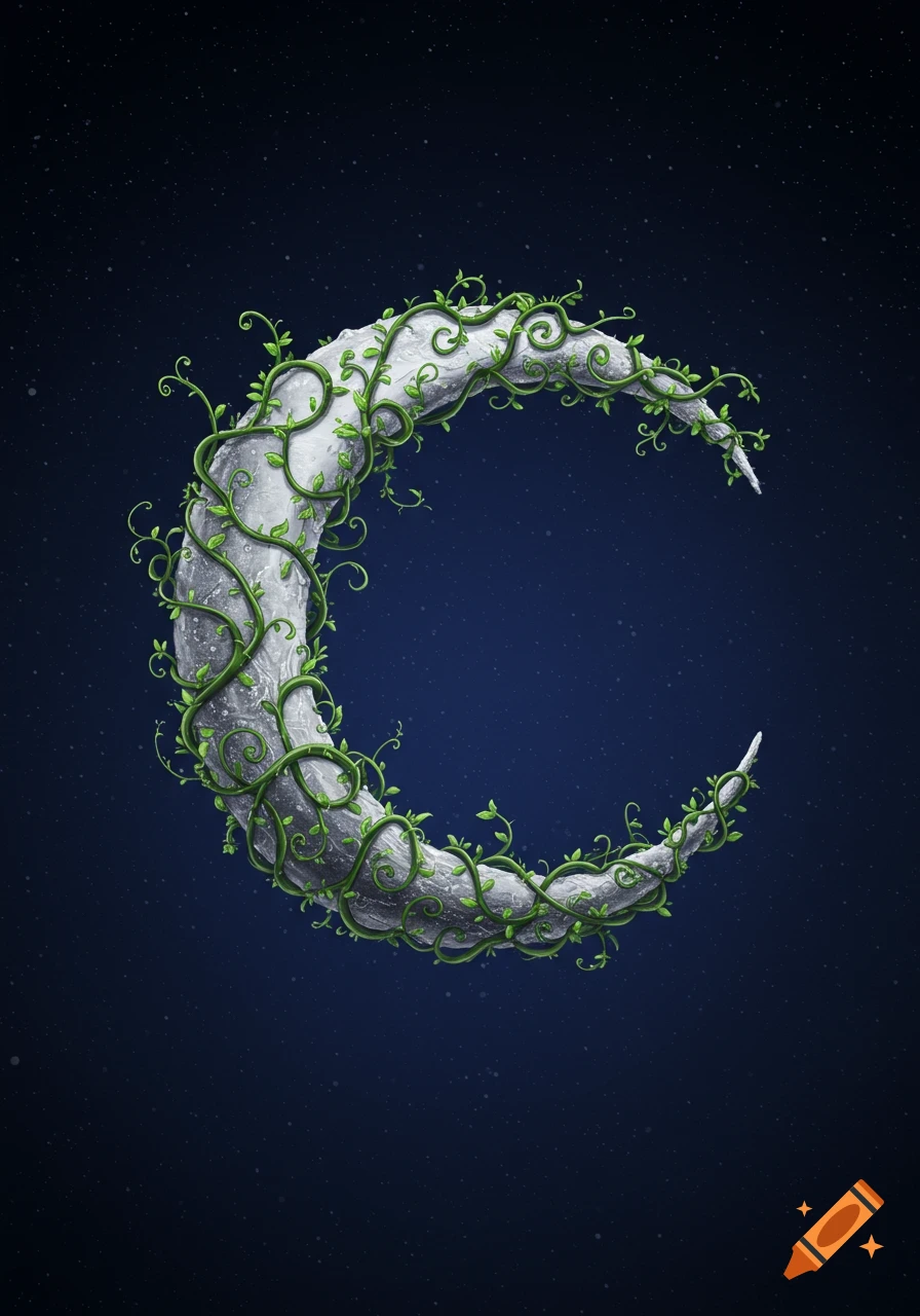 A detailed illustration of a silver crescent moon intertwined with green vines against a dark blue starry night sky.