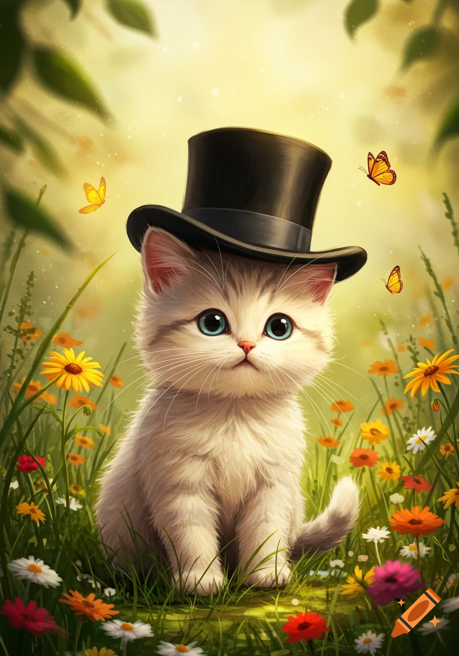 A whimsical illustration of a cute kitten wearing a black top hat, sitting among colorful flowers with butterflies.