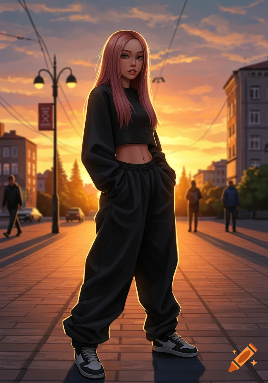 A young woman with pink hair in a black crop top and baggy sweatpants stands on a city street at sunset, digital art.