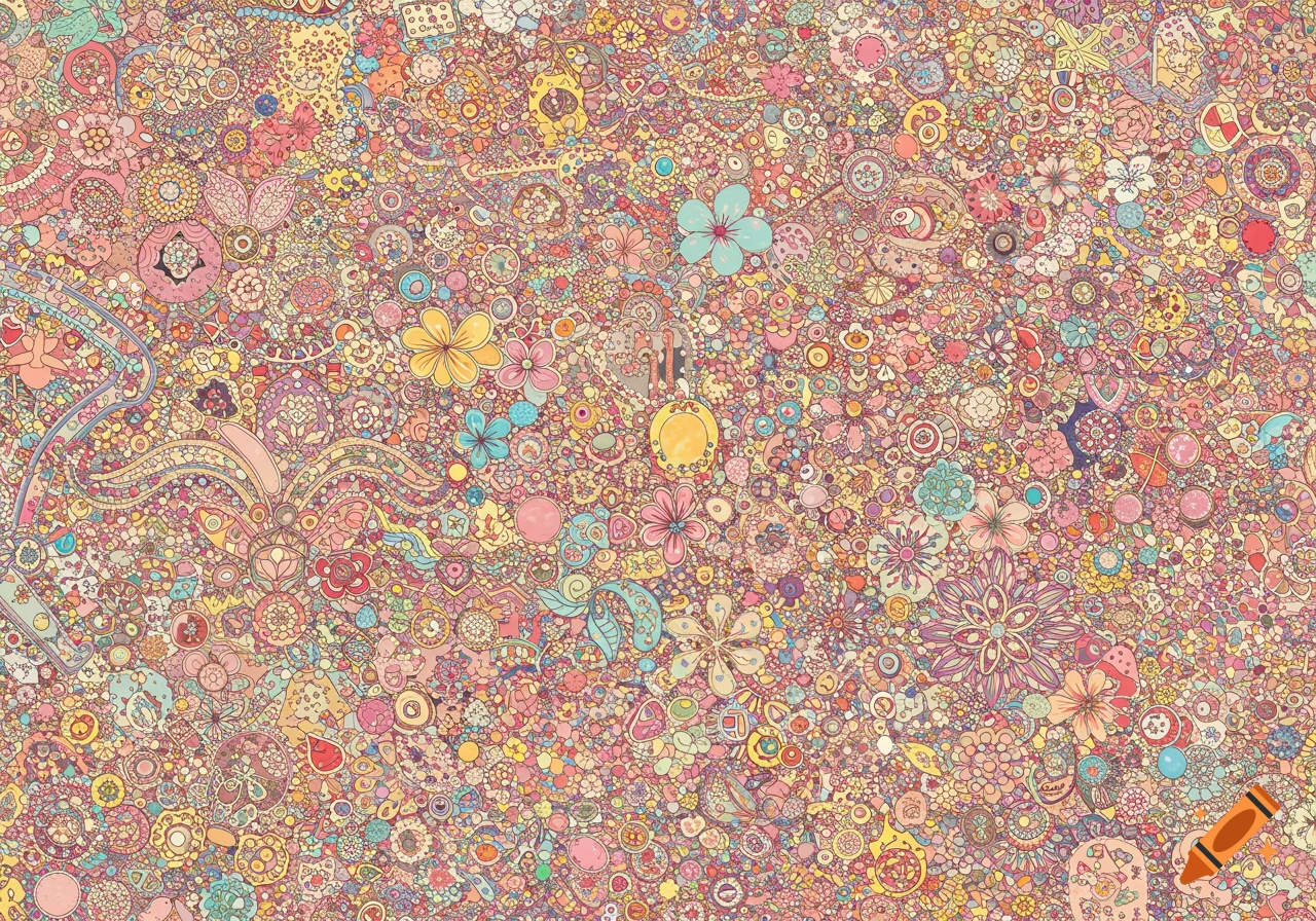 A vibrant, densely packed tapestry of floral and paisley patterns in pastel and bright colors, forming an intricate, seamless design.