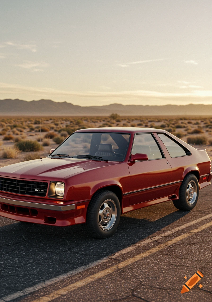 A red 1984 Dodge Rampage, a classic car, sits on a desert road under a sunny sky with distant mountains.