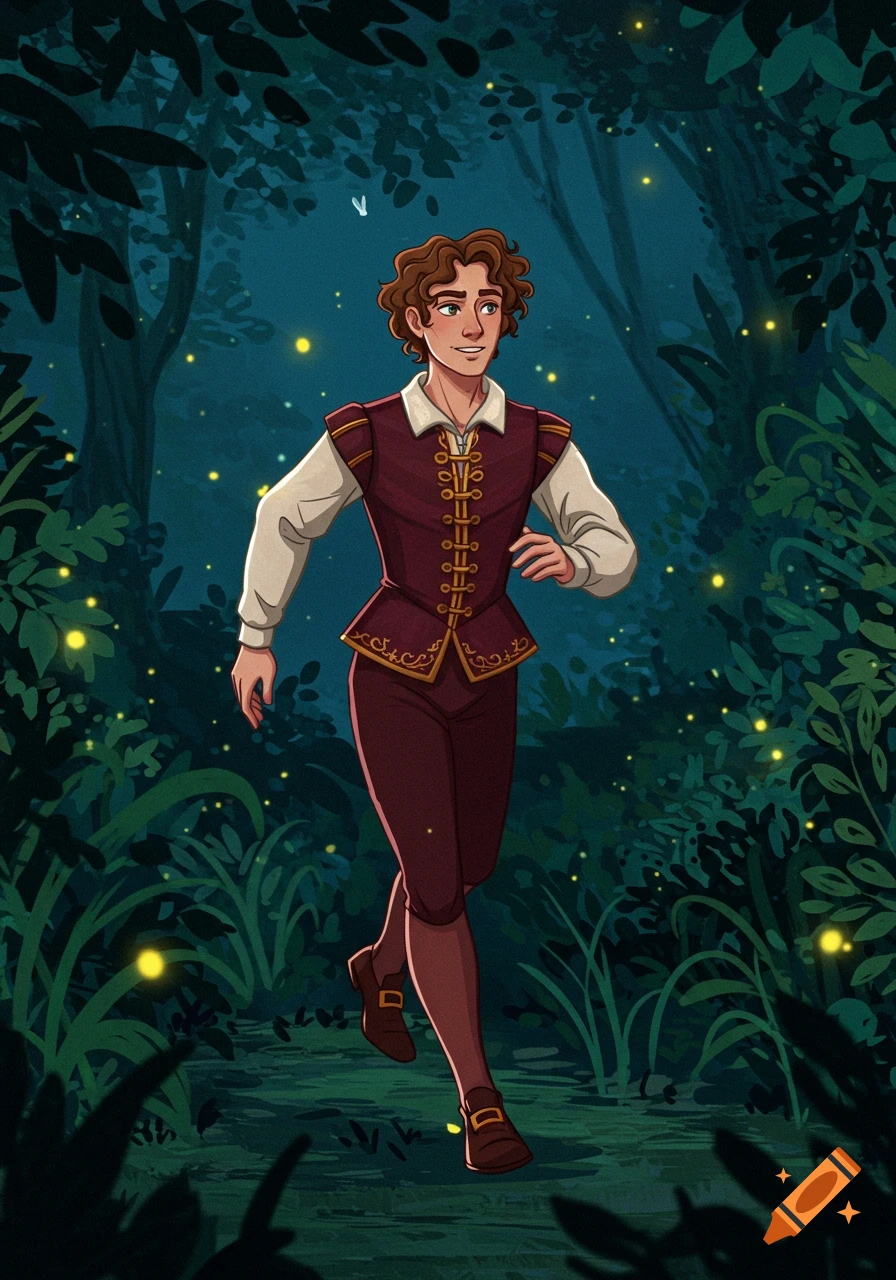 An animated young man with curly brown hair in a maroon and white period costume walks through a glowing, firefly-lit fantasy forest.