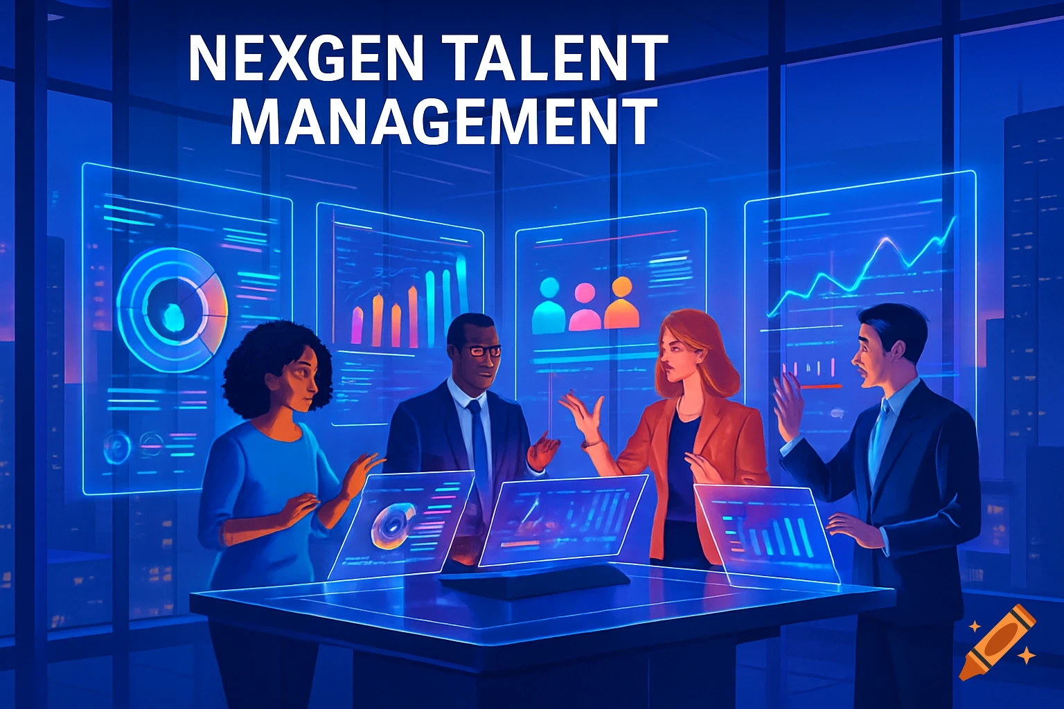 Four professionals interact with glowing holographic data displays in a modern, blue-lit office setting, with 'NEXGEN TALENT MANAGEMENT' at the top.