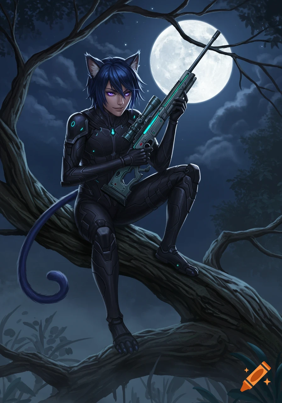 Anime cat-eared sniper in a black suit sitting on a tree branch under a full moon.