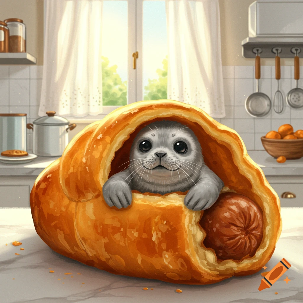 A cute baby seal peeks out from a large, golden brown pastry with a sausage inside, set on a kitchen counter.