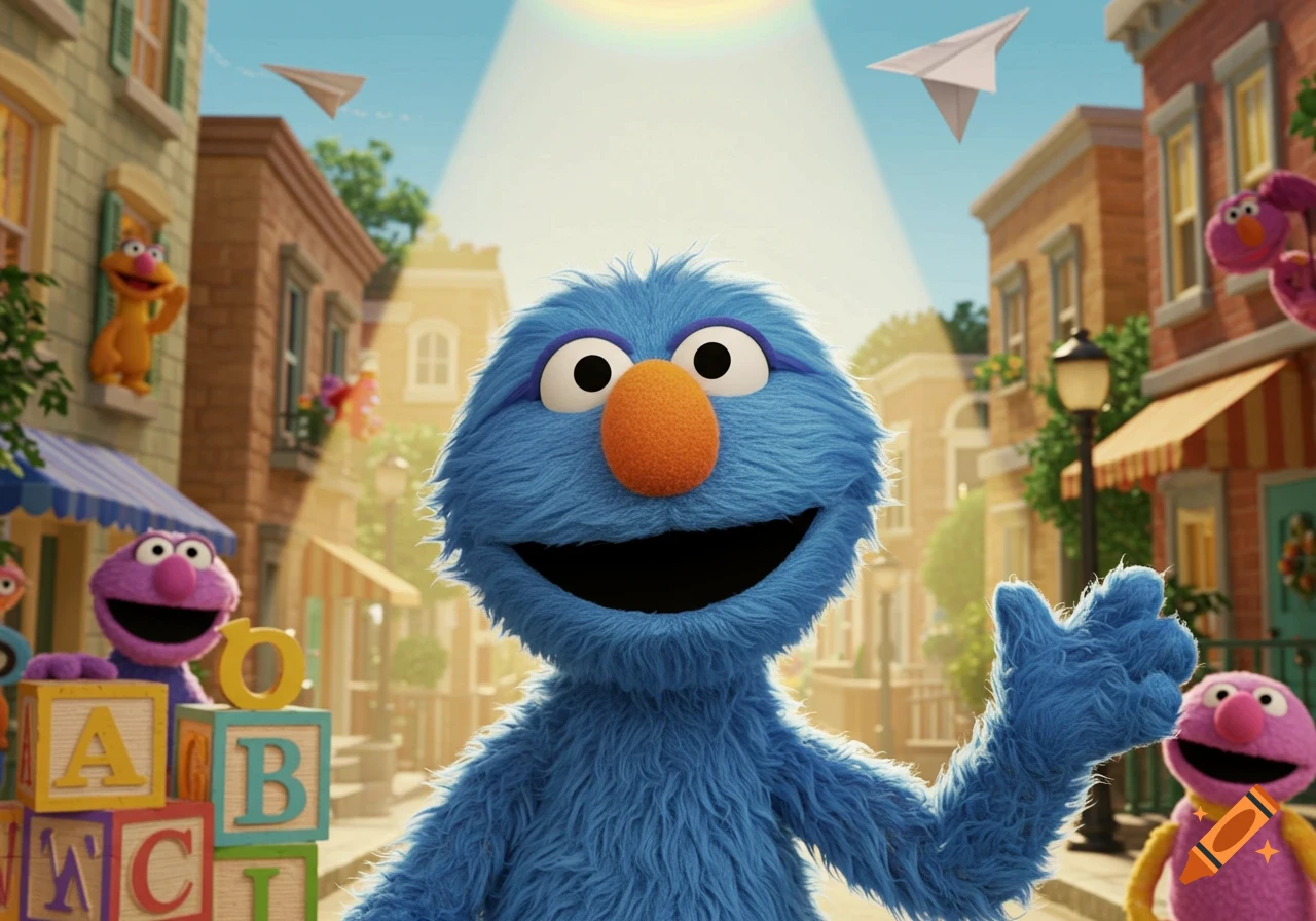 A bright blue furry monster with an orange nose smiles and waves in a sunny cartoon street scene with other colorful monsters, alphabet blocks, and paper airplanes flying.