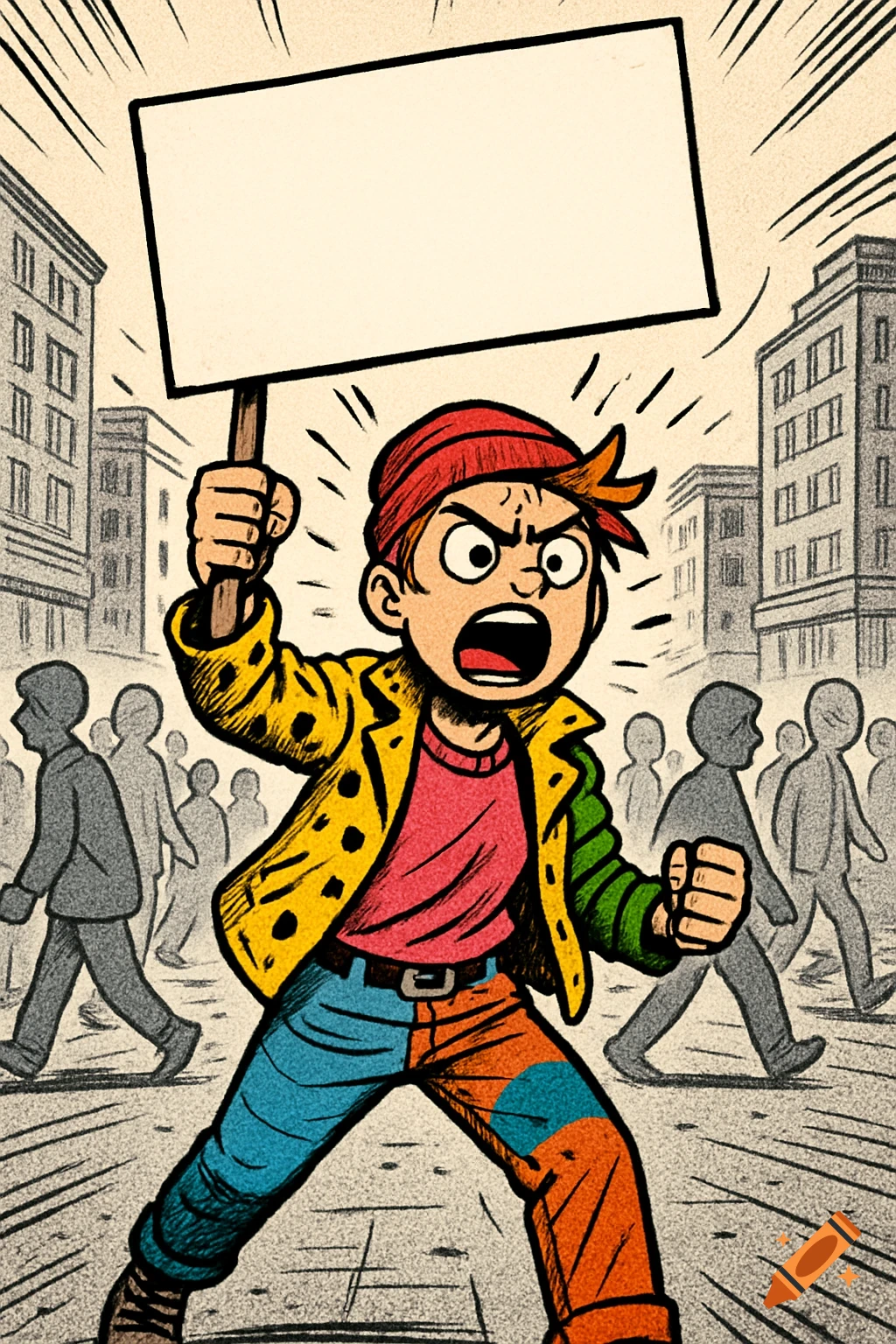 A young, angry protestor in a comic art style yells while holding a blank sign in a city street with a crowd behind them.