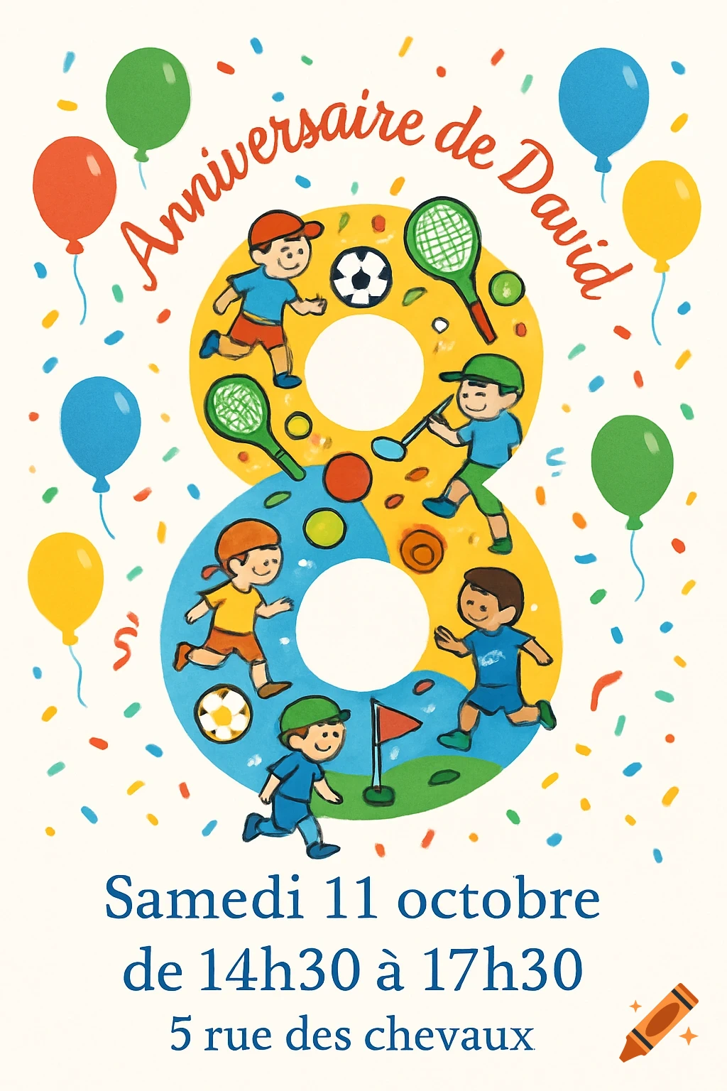 Colorful cartoon birthday invitation for David's 8th birthday, featuring boys playing sports forming the number 8, with balloons and confetti.
