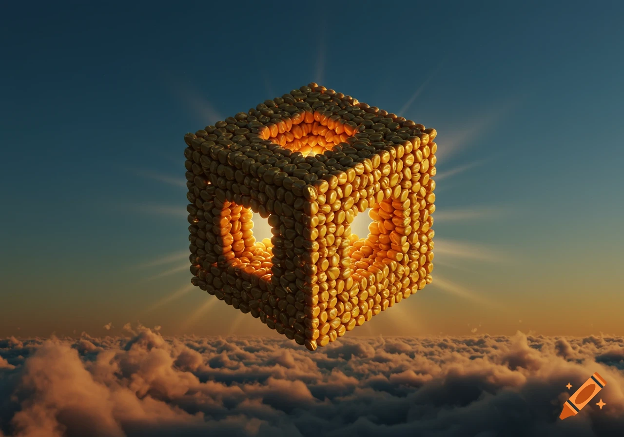 A glowing corn kernel cube with holes floats above clouds at sunset, radiating light.