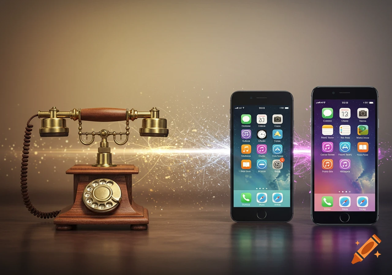 Vintage rotary phone connected by light beams to two modern smartphones on a dark surface, symbolizing communication evolution.