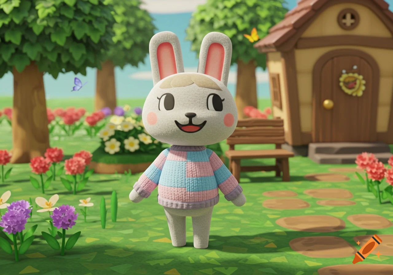 A cute Animal Crossing New Horizons-style bunny villager in a pink and blue striped sweater stands in a vibrant garden scene with a house.