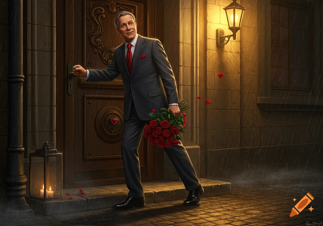 A distinguished man in a suit knocks on a wooden door in the rain at night, holding a large bouquet of red roses.
