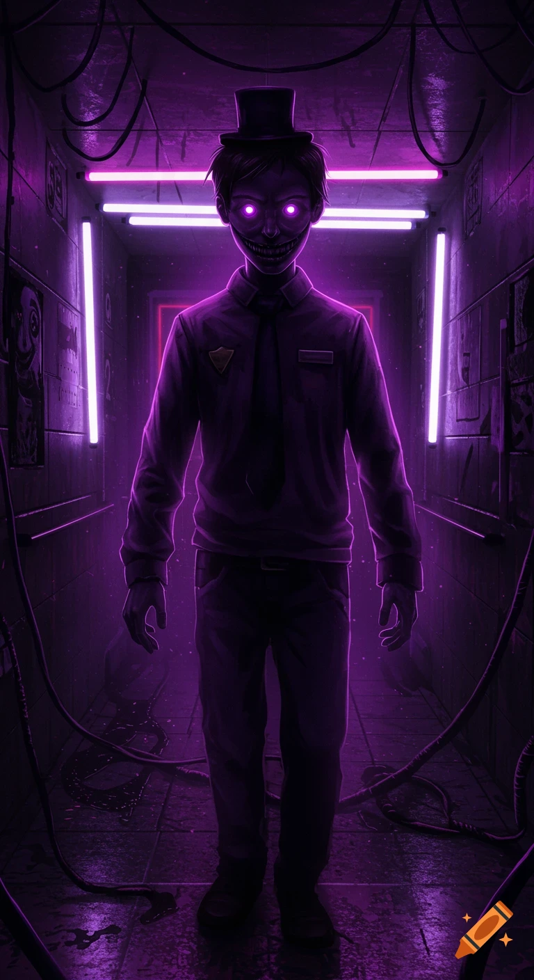 A menacing man with glowing purple eyes and a sharp-toothed grin, wearing a top hat and tie, stands in a dark, neon-purple lit corridor.