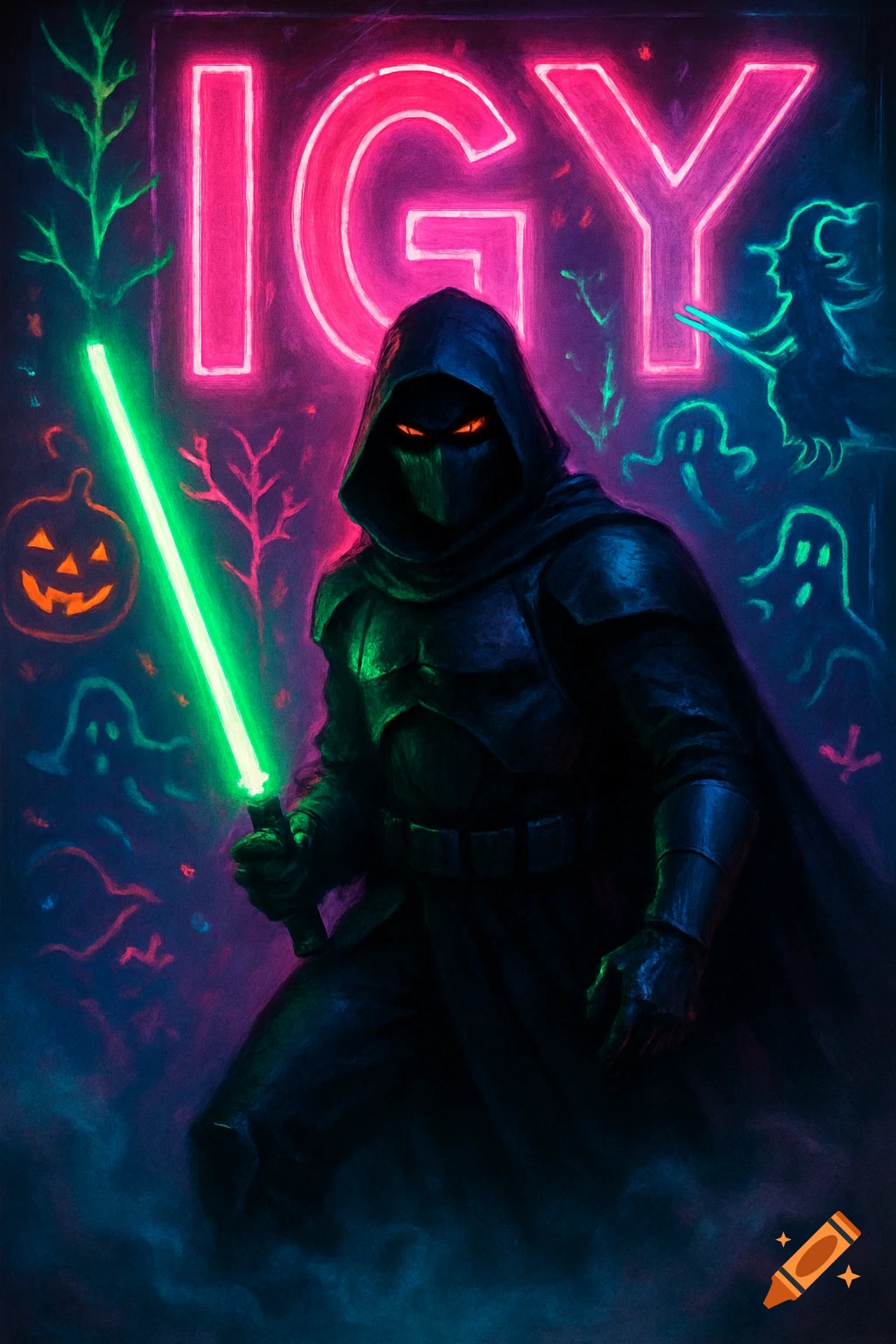 A masked warrior in dark armor with glowing red eyes holds a green lightsaber against a neon Halloween background with glowing 'IGY' text, pumpkins, ghosts, and a witch.