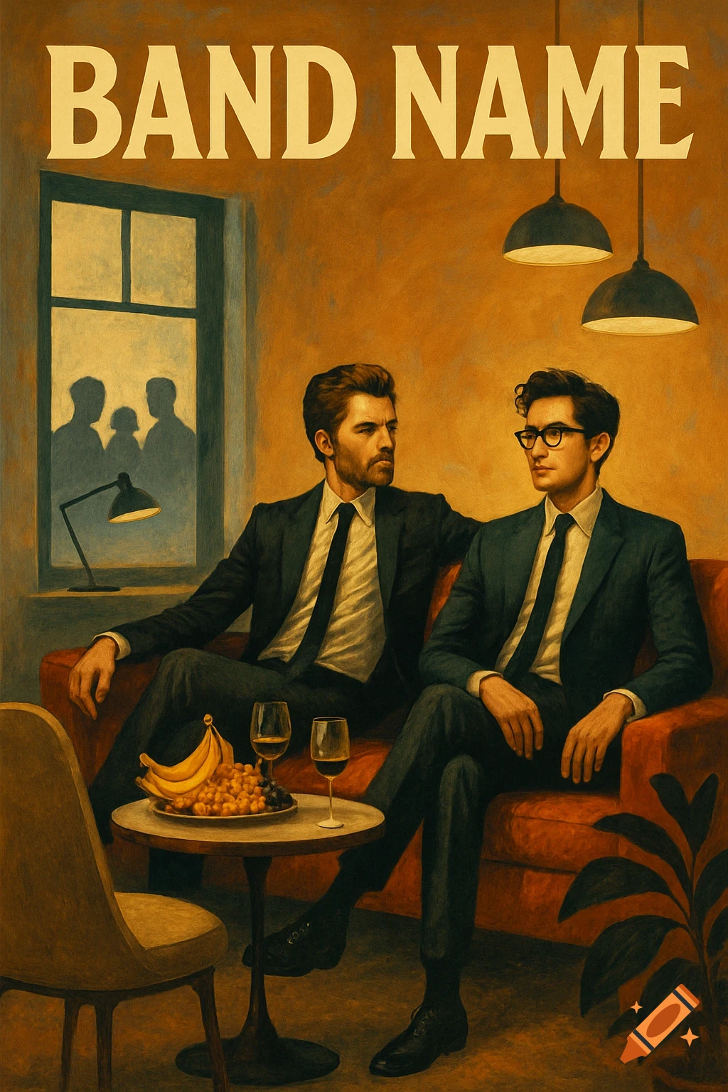 A retro-style painted band poster featuring two men in suits on an orange couch, with text 'BAND NAME' at the top.