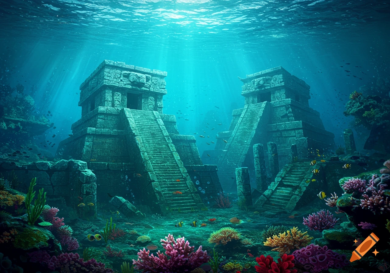 Two ancient Aztec-style stone temples submerged underwater, surrounded by vibrant coral reefs and small fish, bathed in sunlit ocean water.