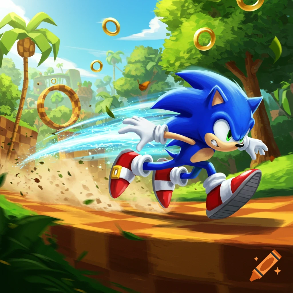 Sonic the Hedgehog speeds through a jungle level, kicking up dirt as he runs past gold rings, in a vibrant cartoon style.