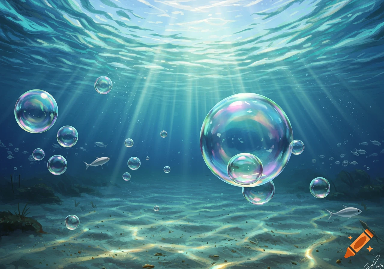 Vibrant digital painting of an underwater scene with iridescent bubbles, sun rays, and small fish above a sandy seabed.