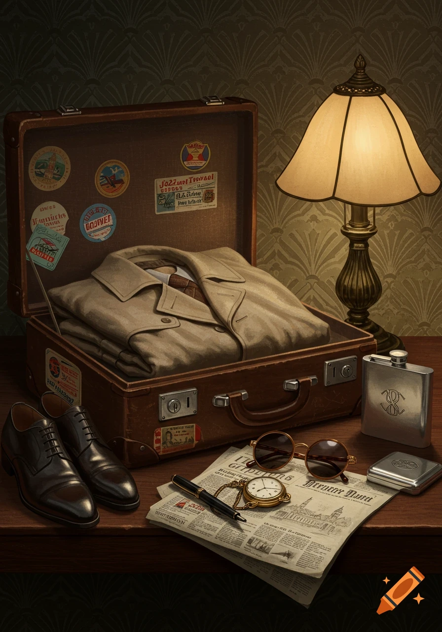 A vintage travel scene with an open suitcase filled with a trench coat, surrounded by black dress shoes, a table lamp, a flask, sunglasses, a pocket watch, a pen, and a newspaper, all on a wooden table.