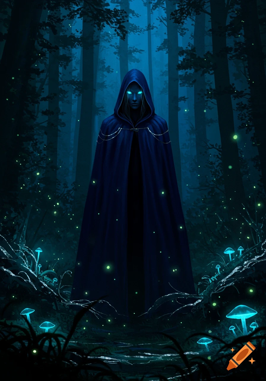 A mysterious cloaked figure with glowing blue eyes stands in a dark, bioluminescent forest with glowing blue mushrooms.