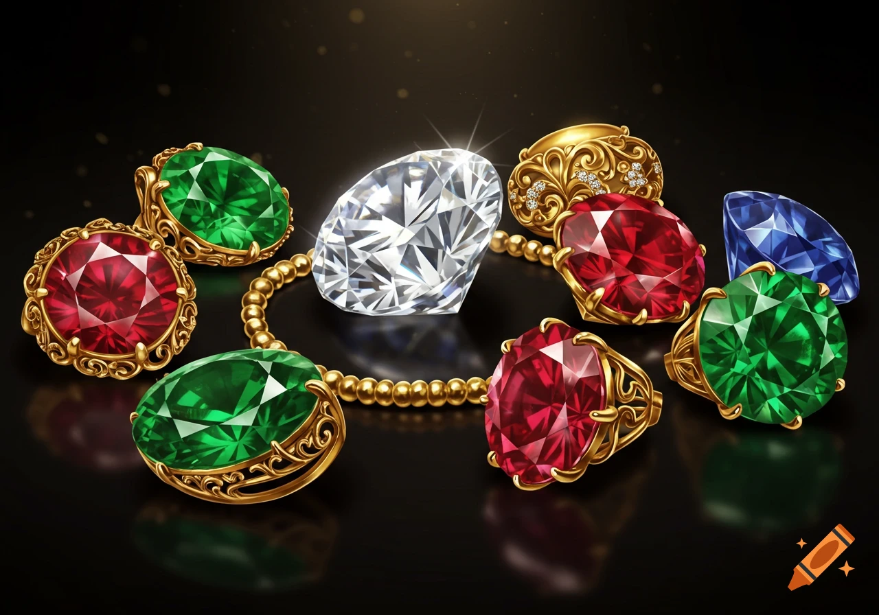 A glittering collection of gold rings adorned with rubies, emeralds, a diamond, and a loose sapphire on a dark background.