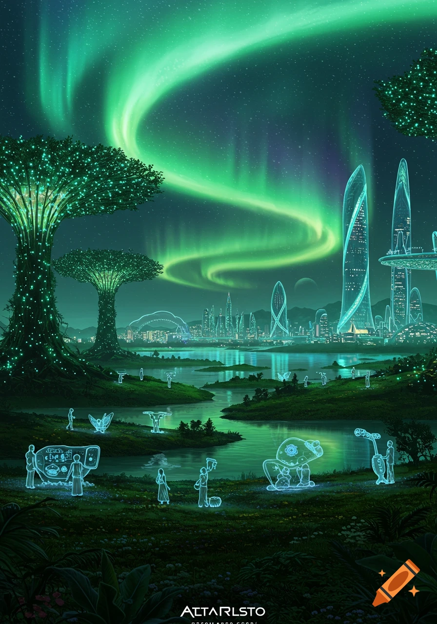 A vibrant sci-fi landscape with glowing trees, a futuristic city, spectral figures, and a green aurora borealis at night.