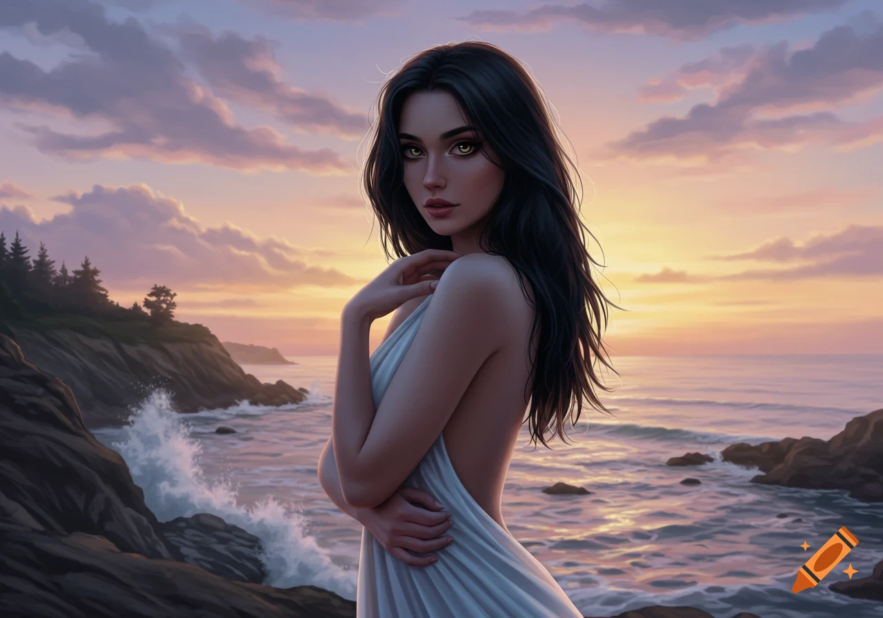 A woman with long dark hair, draped in white fabric, stands by a rocky ocean shore at sunset, looking at the viewer. Painterly style.