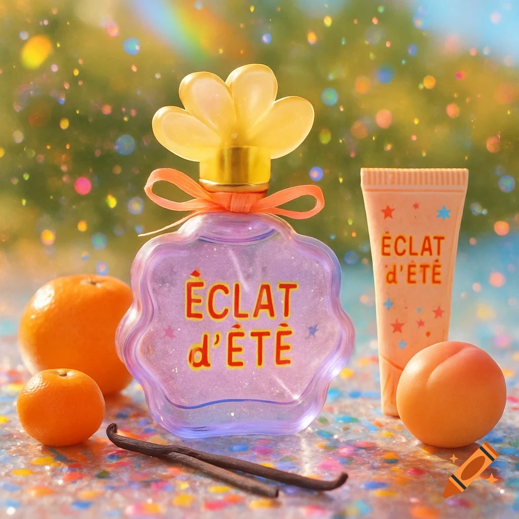 A colorful perfume bottle with a flower cap and a lotion tube stand on a glittery surface with fruits and vanilla beans, against a blurred sunny background.