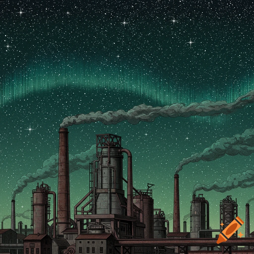 Detailed vintage illustration of a sprawling industrial factory complex under a starry night sky with a green aurora.