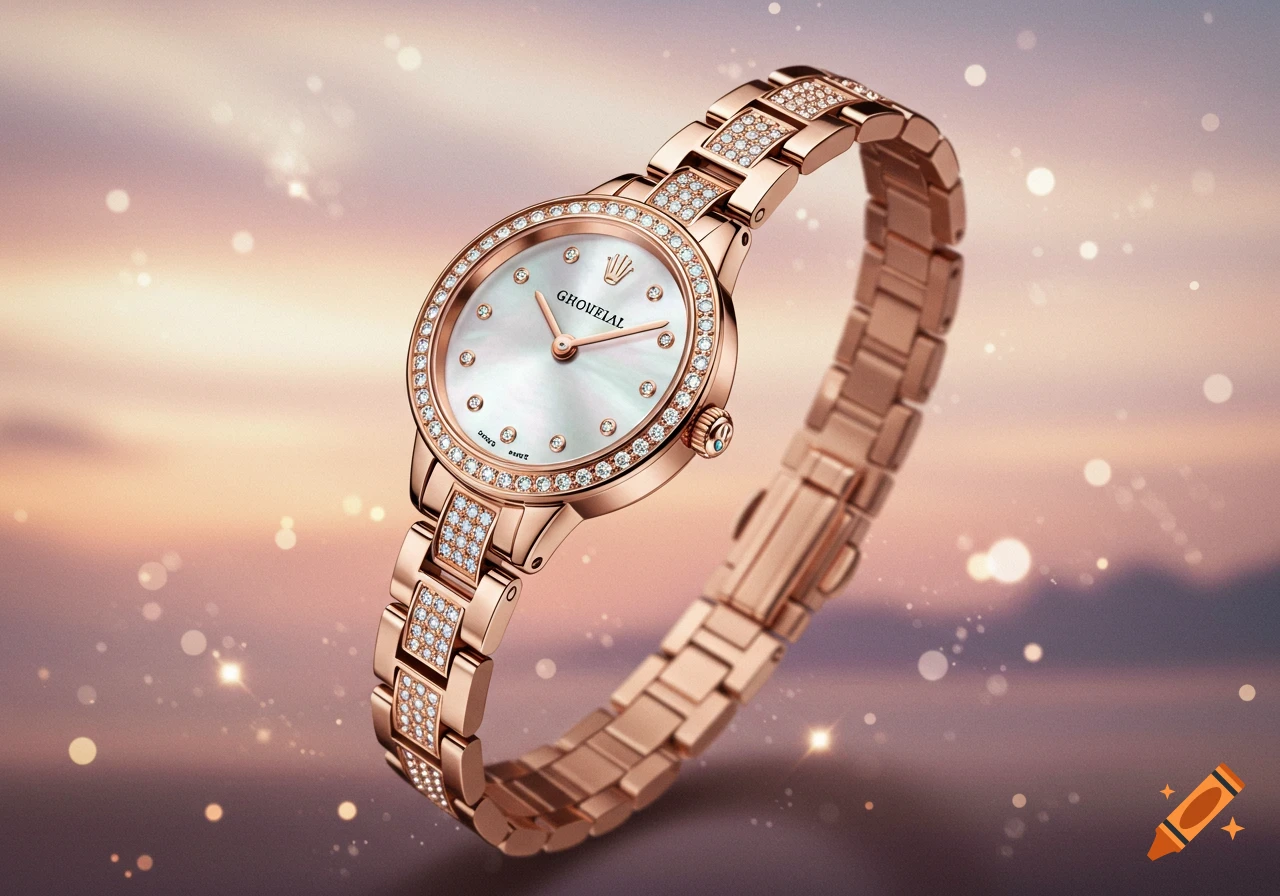 Close-up of a rose gold women's wristwatch with a mother-of-pearl dial and diamond-encrusted bezel and strap on a sparkling, bokeh background.