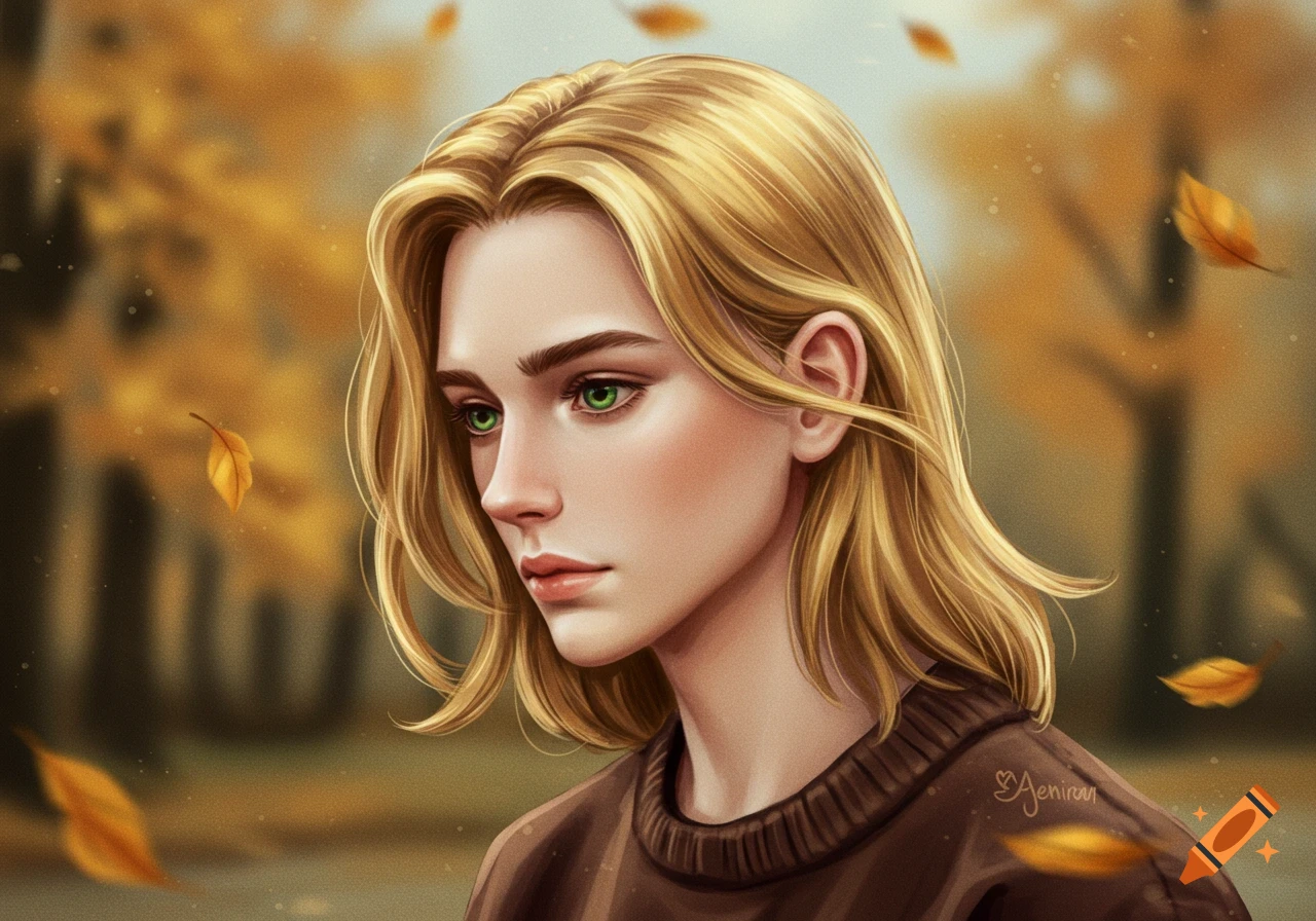 Digital painting of a contemplative young person with long blonde hair and green eyes, surrounded by falling autumn leaves.