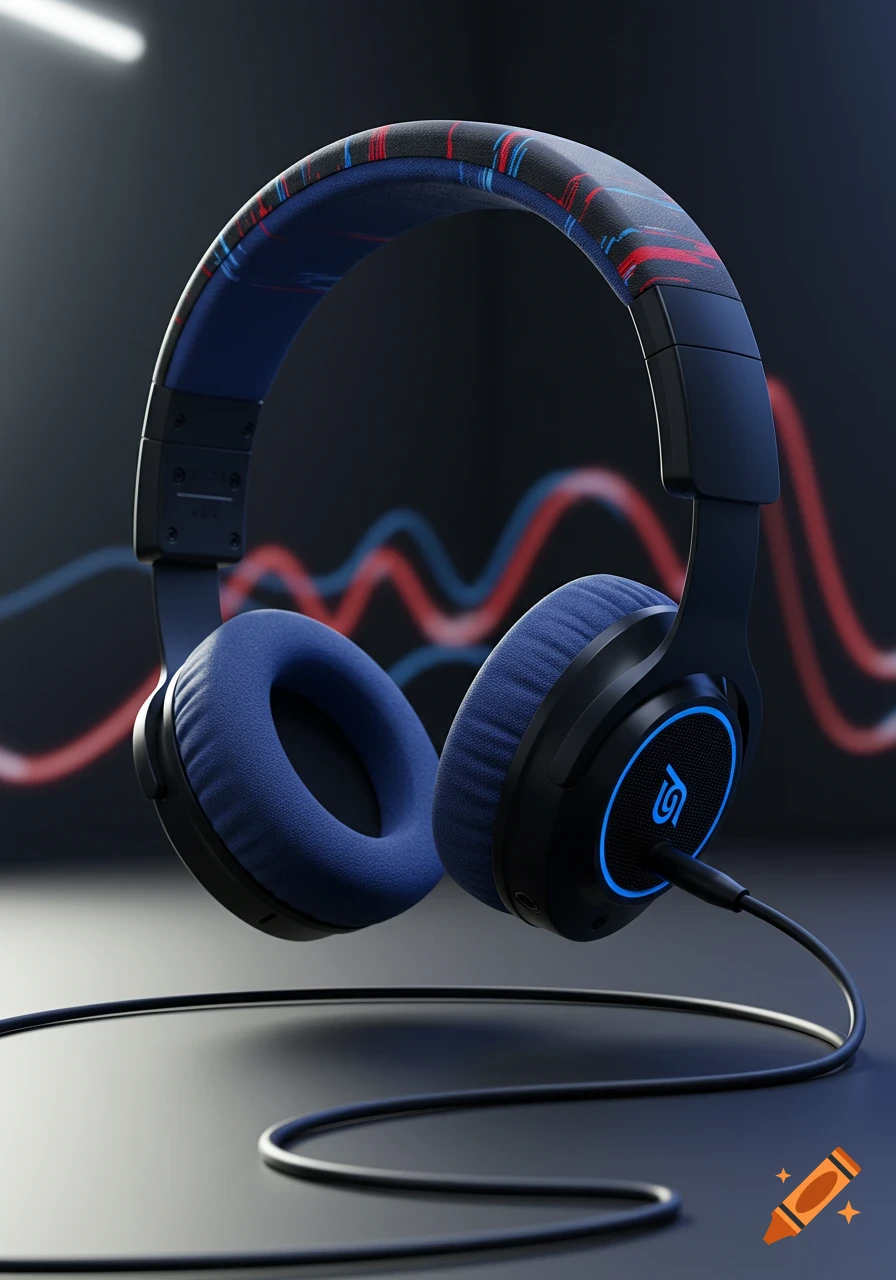 A pair of black and blue headphones with a patterned headband and glowing blue accents, against a dark background with red and blue sound waves.