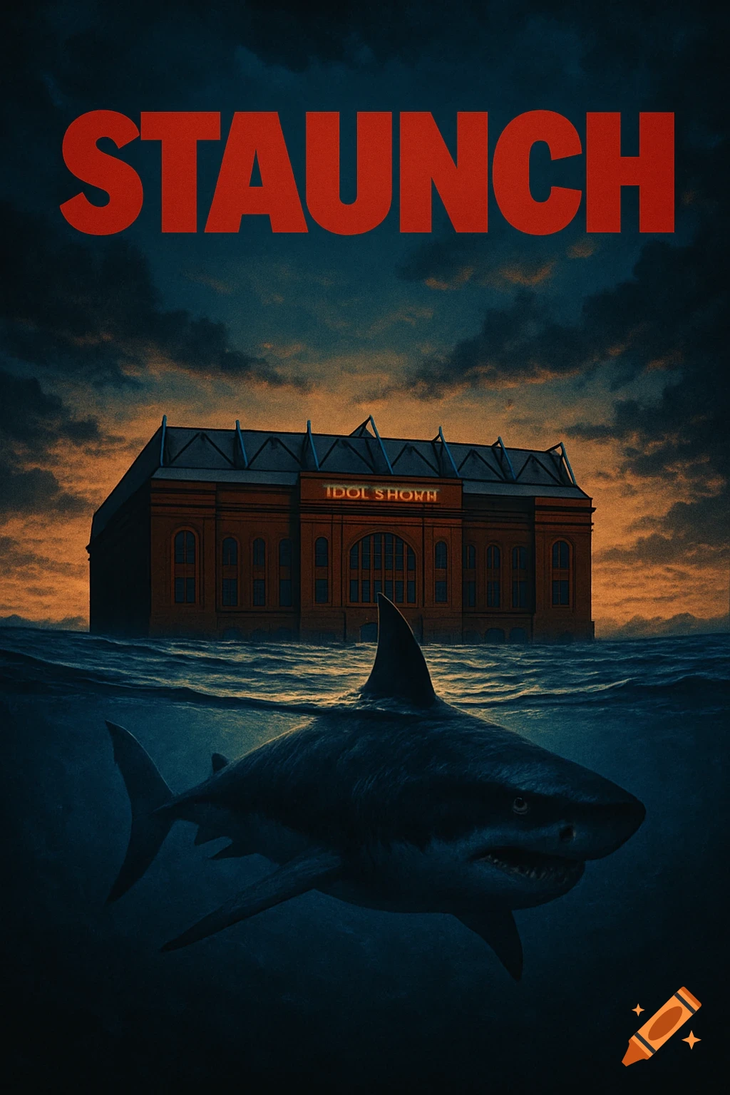 A movie poster-style image of a large shark underwater with its fin breaking the surface, and a stadium-like building floating on a stormy sea under dark clouds. The word "STAUNCH" is prominently displayed in red at the top.