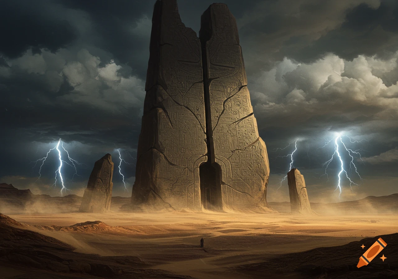 A lone figure stands before a massive, carved stone monolith in a stormy desert landscape with lightning.