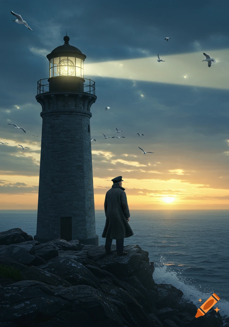 A man in a long coat and cap stands on a rocky cliff beside a lighthouse, gazing at a dramatic ocean sunset with seagulls flying around.