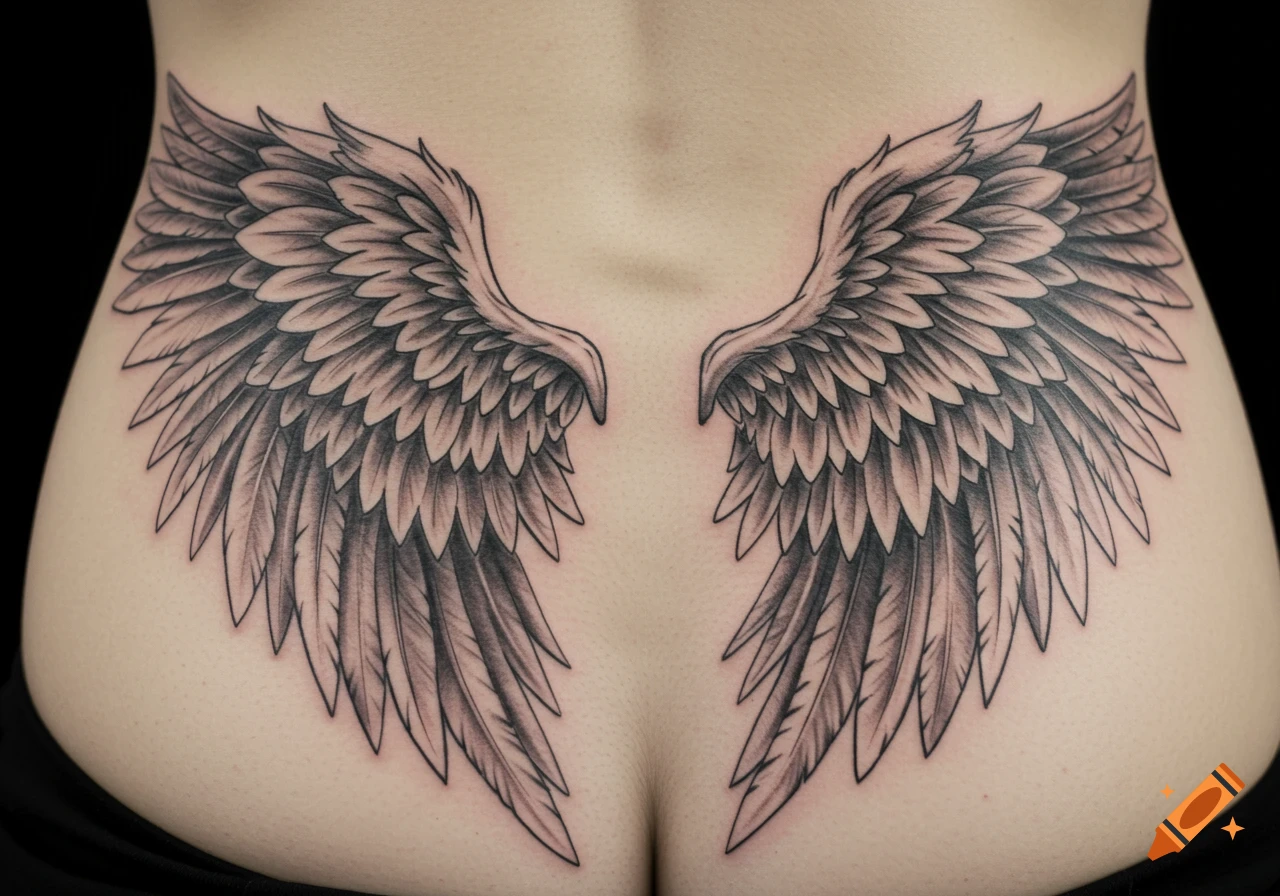 Detailed black and grey angel wing tattoo on a person's lower back.