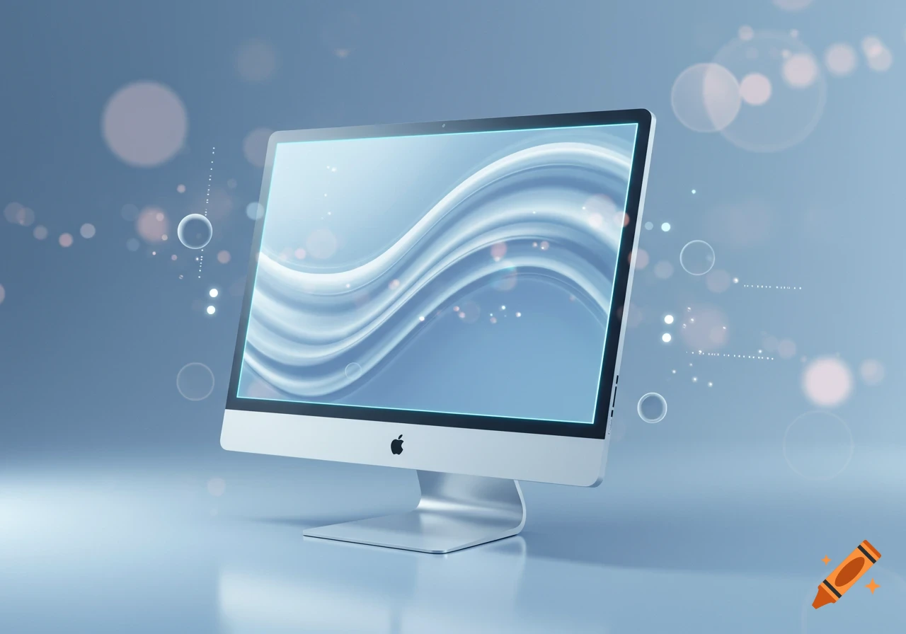 Sleek silver computer monitor with glowing blue wavy lines on screen, surrounded by bokeh lights and reflections on a blue surface.