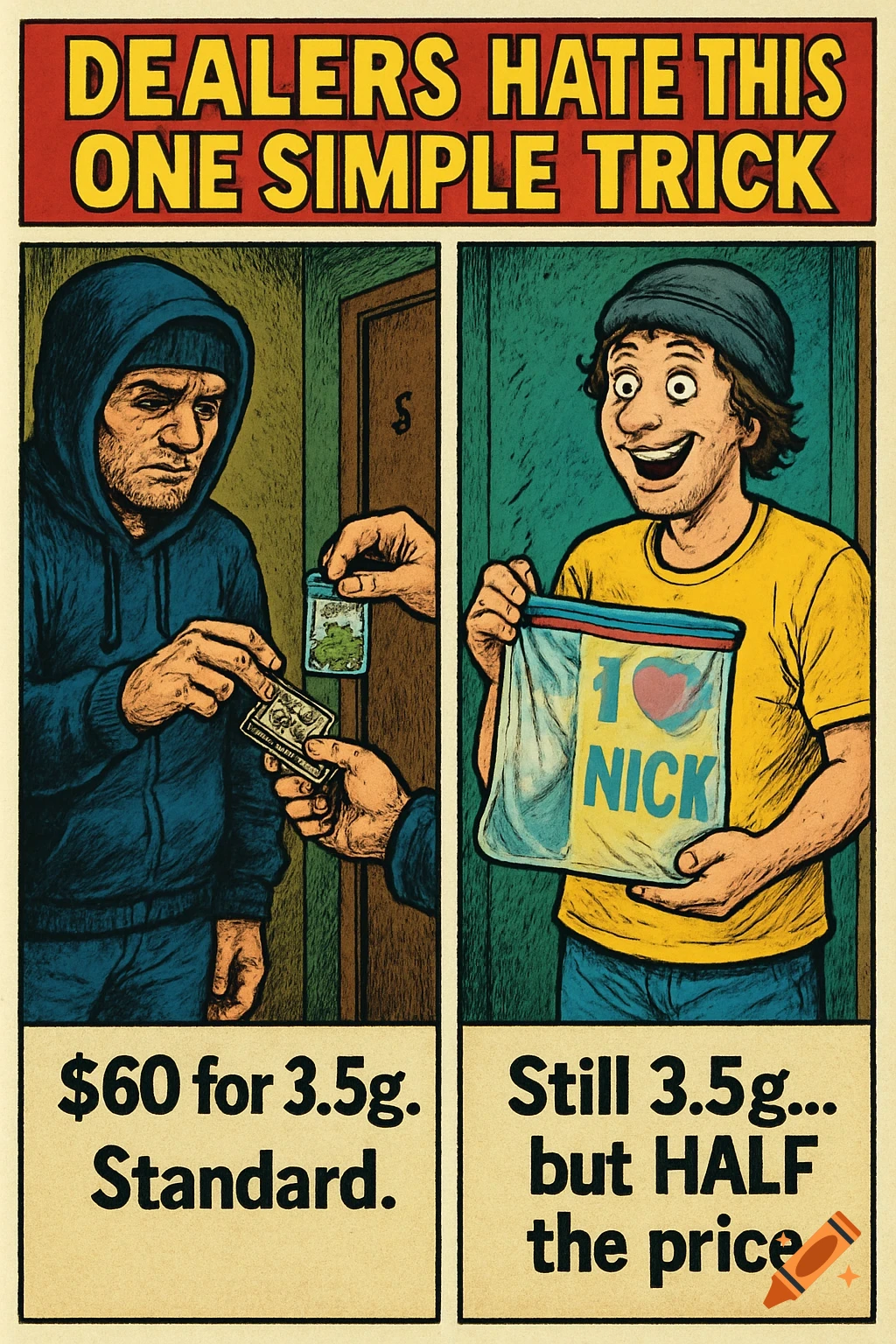 A two-panel comic parody meme. Left: A dealer sells a small bag of weed for $60. Right: A happy man holds a large empty bag labeled "I love Nick" offering "half the price".