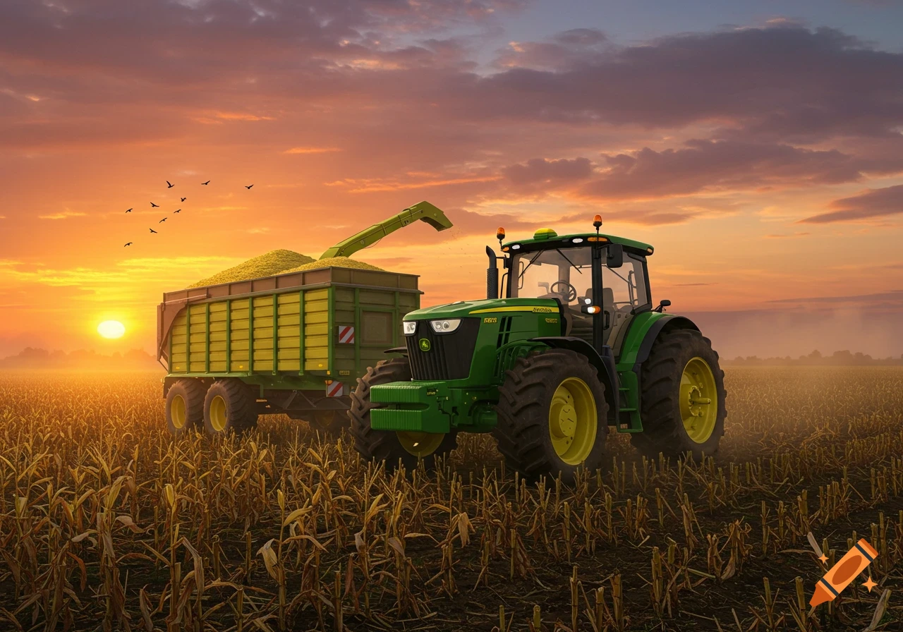 Photorealistic John Deere tractor loading corn into a trailer in a field at sunset.