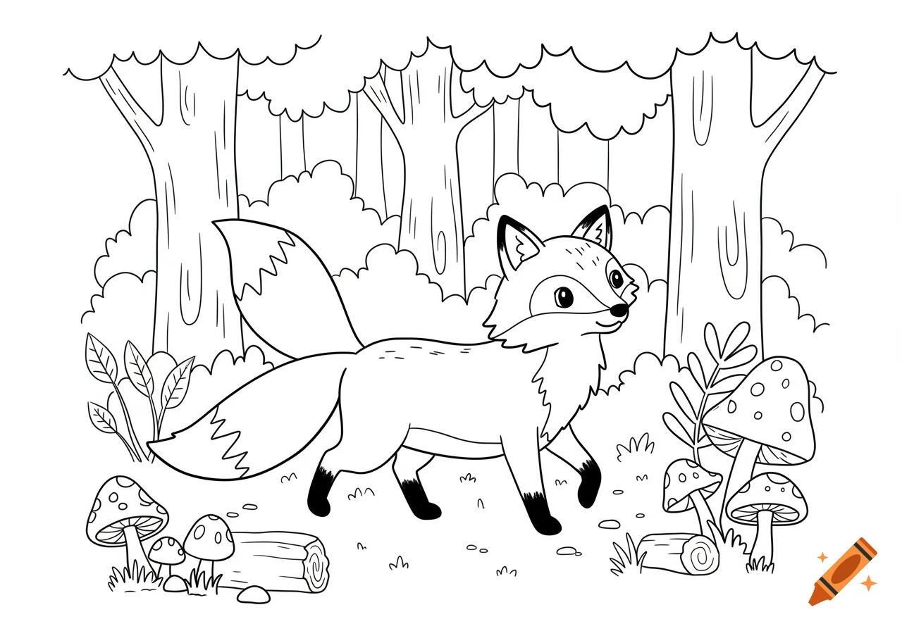 A cute cartoon fox walks through a forest with mushrooms and trees, in black and white line art coloring page style.